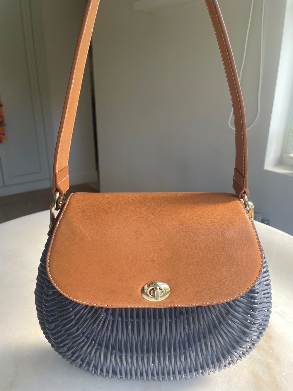 J. McLaughlin Navy Rattan Shoulder Bag